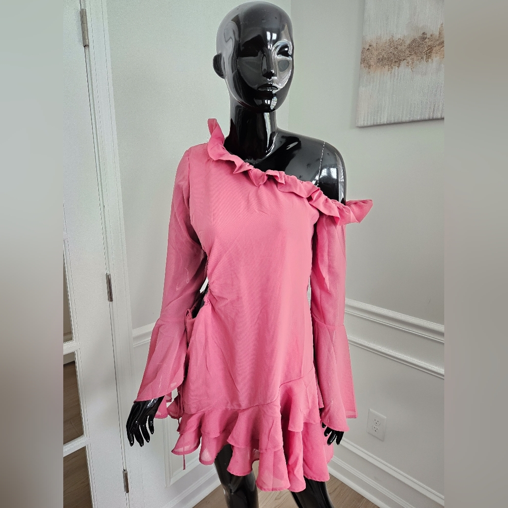 Boohoo Pink Ruffled One-Shoulder Dress
